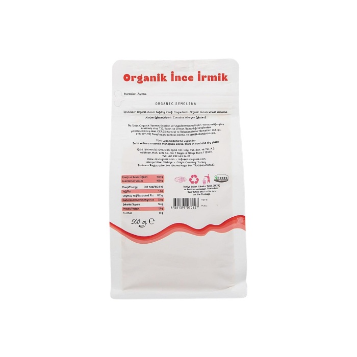 Organik İnce İrmik 500 Gr