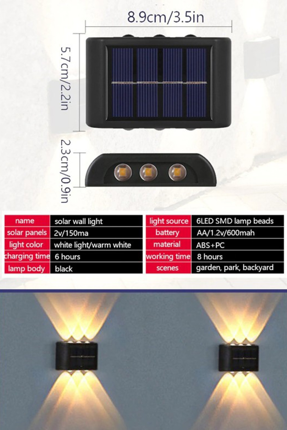 Modern 6ledli Solar Duvar Lamba Dekorasyon Aydınlatma Aplik Güneş Enerji Gün Işığı 2 Li Set