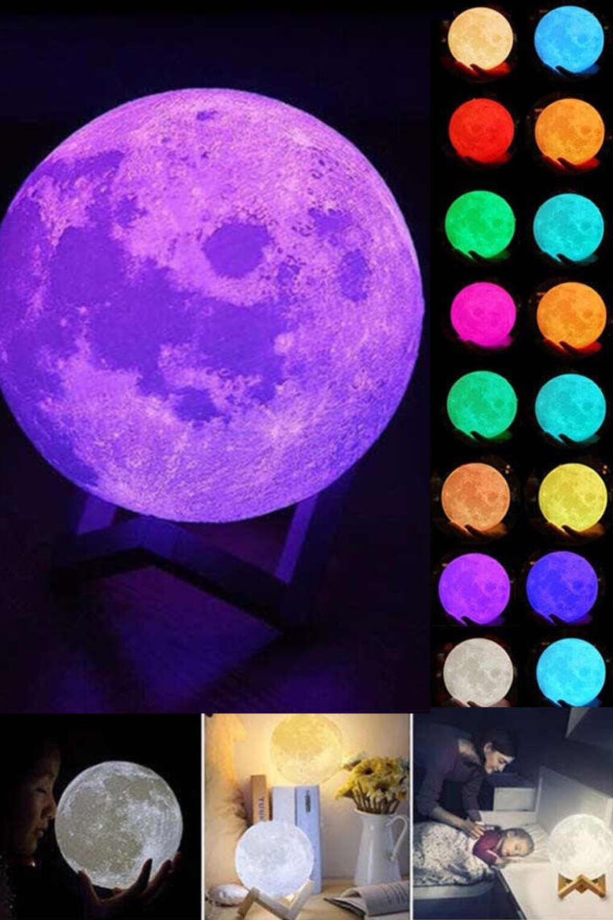 Mobee 3D Moon Light Masa Üstü Kumandalı Gece Lambası Büyük Boy 16 Renkli Kumandalı Dekoratif 1410