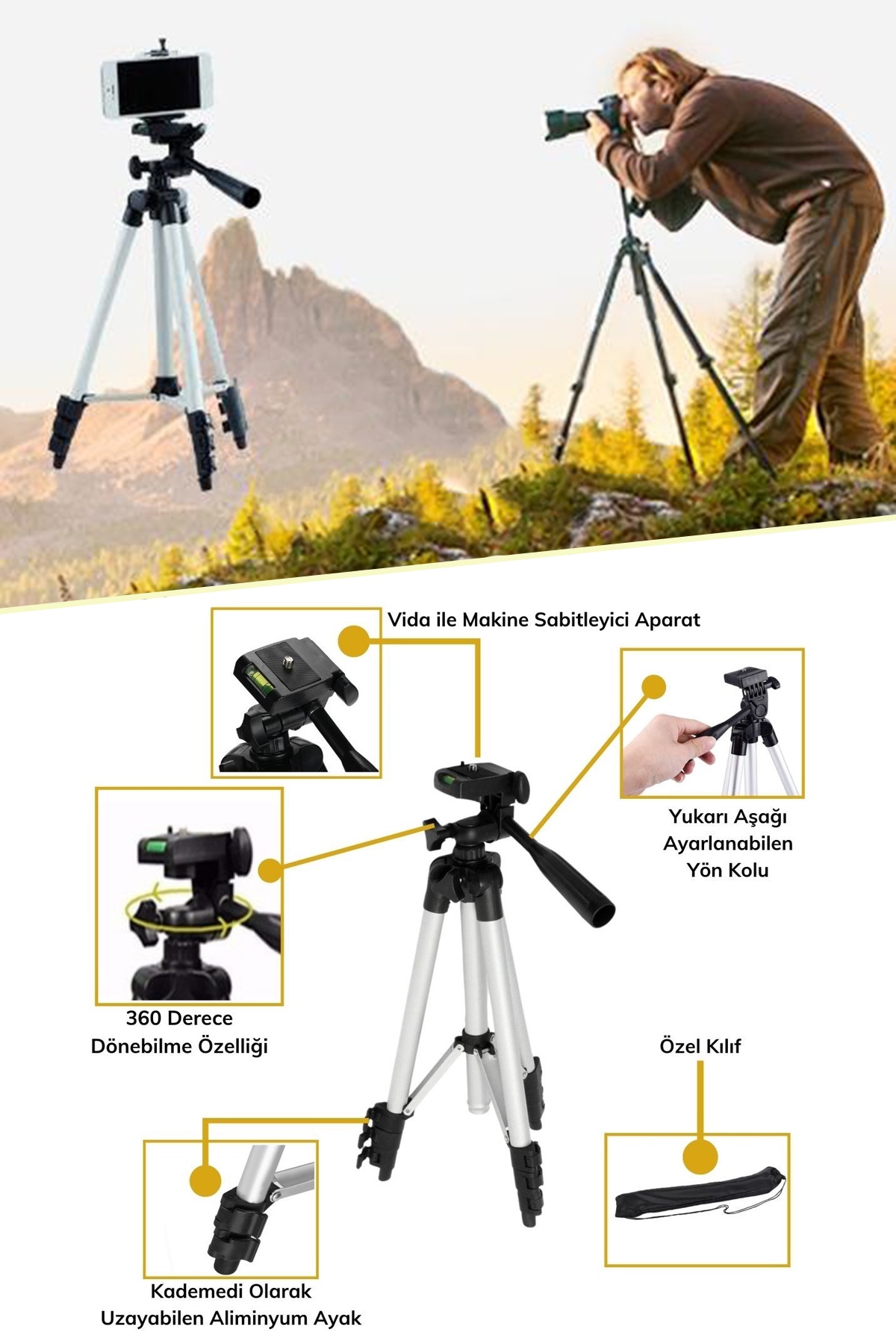 Mobee 105 Cm Tripod Fotoğraf Makinesi Kamera Cep Telefonu Ayaklı