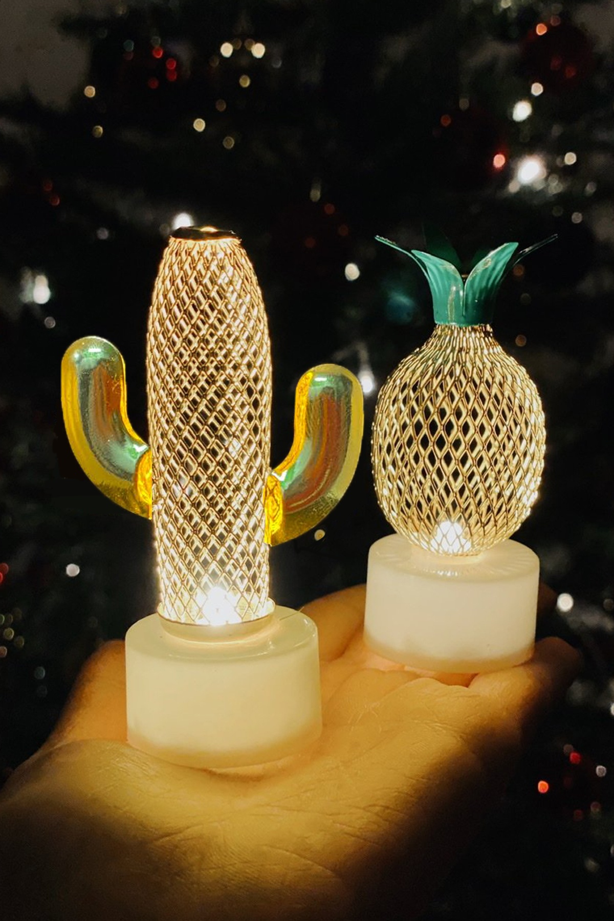 Dekoratif Led Işıklı Mini Metal Gece Lambası 2Li Kaktüs Ve Ananas Lamba
