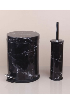 Mermer Desenli 2Pcs Siyah Çöp Kova Fırça Banyo Seti*6 - 22-0023 - 2345