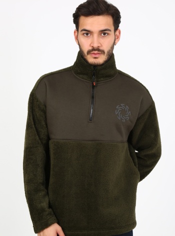 Fıve Pocket Erkek Fermuarlı Peluş Sweat - Haki