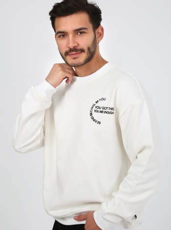 Fıve Pocket Erkek Bisiklet Yaka Sweatshirt -Ekru