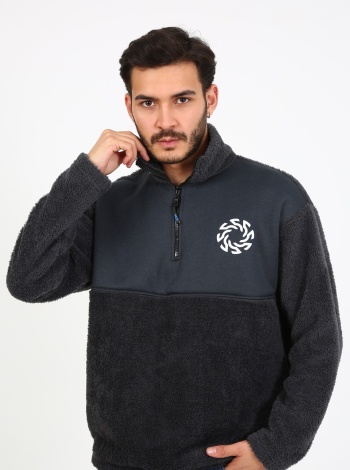 Fıve Pocket Fermuarlı Peluş Sweatshirt - Füme