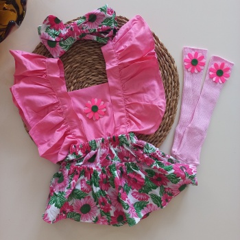 MARS BABY Kız Bebek Pembe Ayçiçeği Desenli Fırfırlı Salopet Bandana Figürlü Çorap Takım