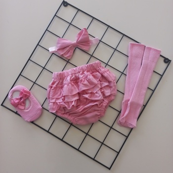 MARS BABY Kız Bebek Pembe Fırfır Şort Etek Bandana ve Çorap Seti