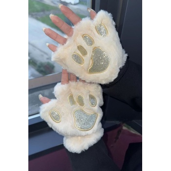 Mars Baby Parmaksız Patili Simli Krem Peluş Eldiven