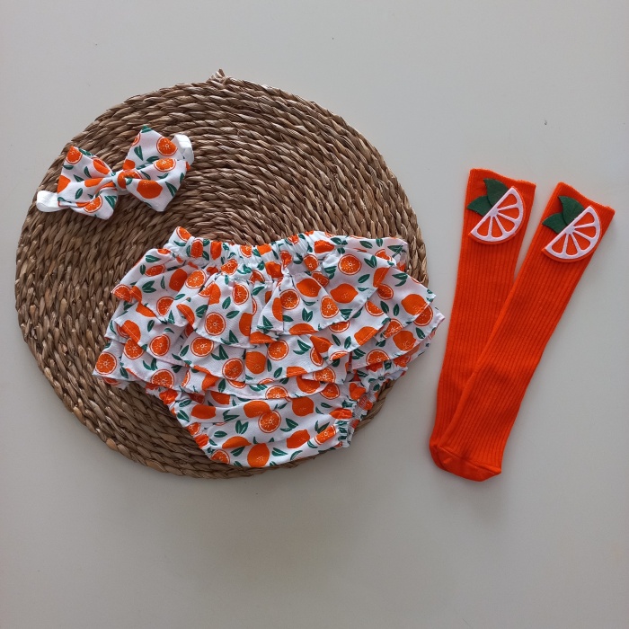 MARS BABY KIZ BEBEK PORTAKAL DESENLİ FIRFIRŞORT ETEK ÇORAPLI TAKIM