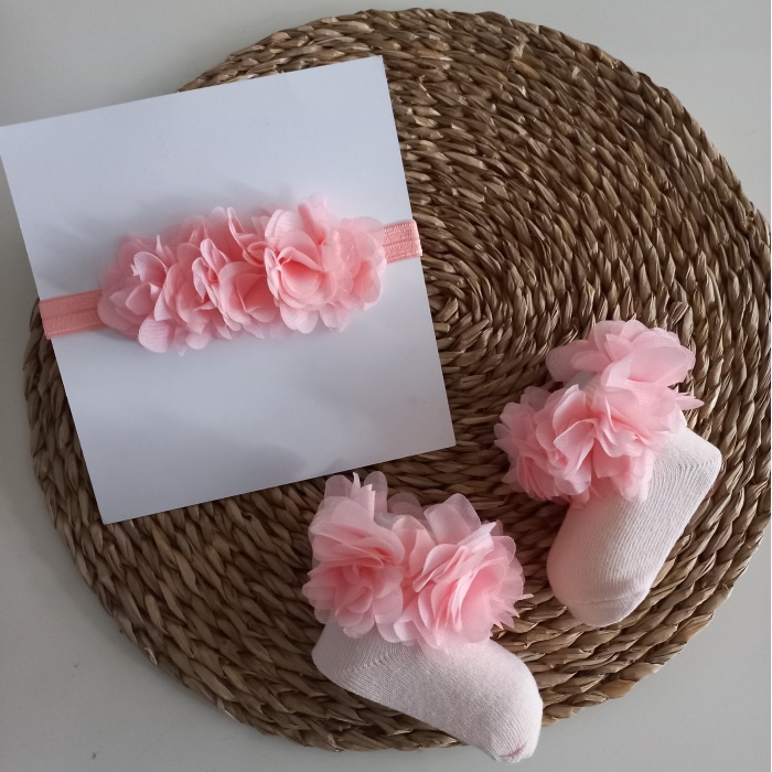 MARS BABY Kız Bebek Özel Gün Fırfırlı Açık Somon Bandana ve Çorap Set