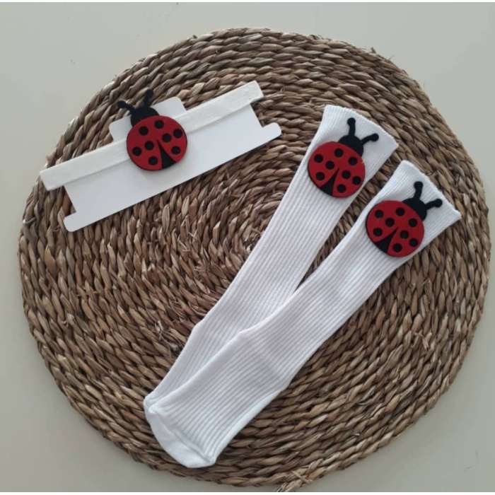 MARS BABY Kız Bebek Kırmızı Uğur Böceği Figürlü Bandana ve Beyaz Çorap Set