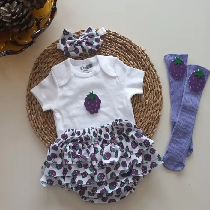 MARS BABY Kız Bebek Lila Böğürtlen Desenli Fırfırşort Etek Bandana Figürlü Çorap Set