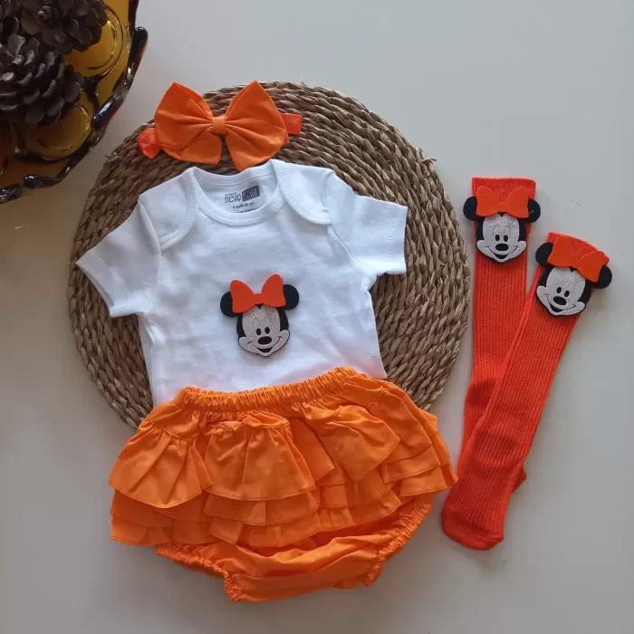MARS BABY Kız Bebek Turuncu Fırfırşort Etek Bandana Minnie Mouse Figür Çorap Set