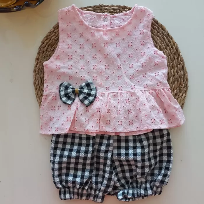 MARS BABY Kız Bebek Pembe Siyah Pitikareli Fisto Gofre Askılı Bluz Şort Takım