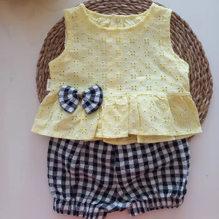 MARS BABY Kız Bebek Sarı Fisto Siyah Pitikareli Askılı Şortlu Takım