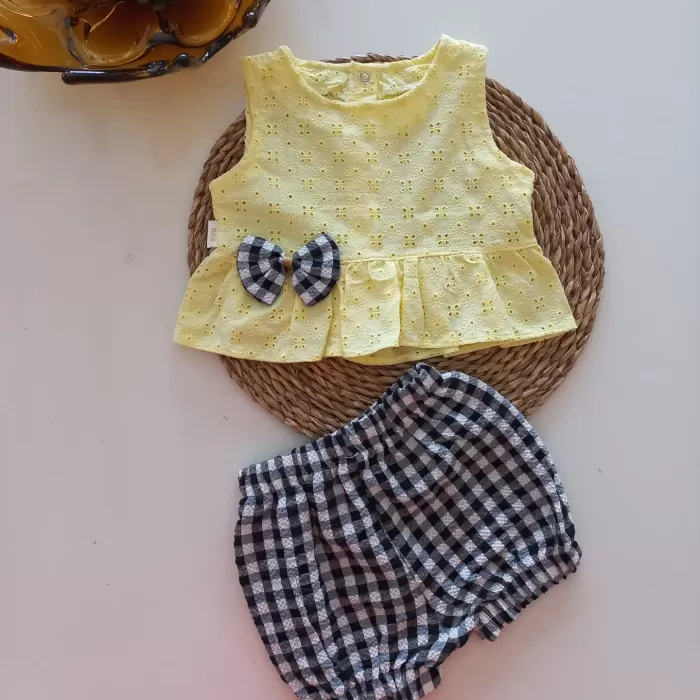 MARS BABY Kız Bebek Sarı Fisto Siyah Pitikareli Askılı Şortlu Takım
