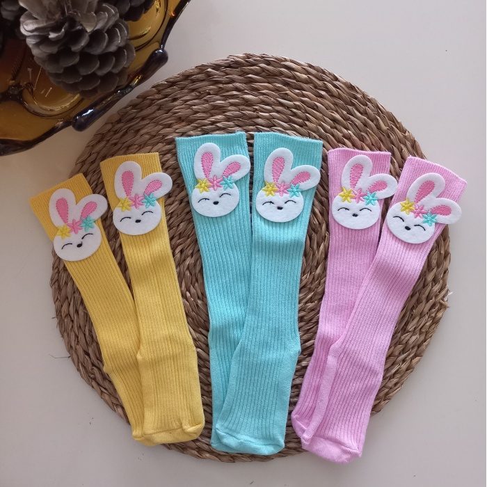 MARS BABY Kız Bebek Sarı Pembe Mint Nakışlı Tavşan Keçe Figürlü Dizaltı Çorap