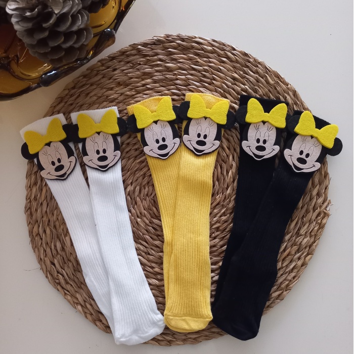 MARS BABY Kız Bebek Beyaz Sarı Siyah Mickey Minnie Mouse Keçe Figürlü Dizaltı Çorap