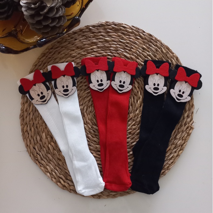 MARS BABY Kız Bebek Beyaz Kırmızı Siyah Mickey Minnie Mouse Keçe Figürlü Dizaltı Çorap