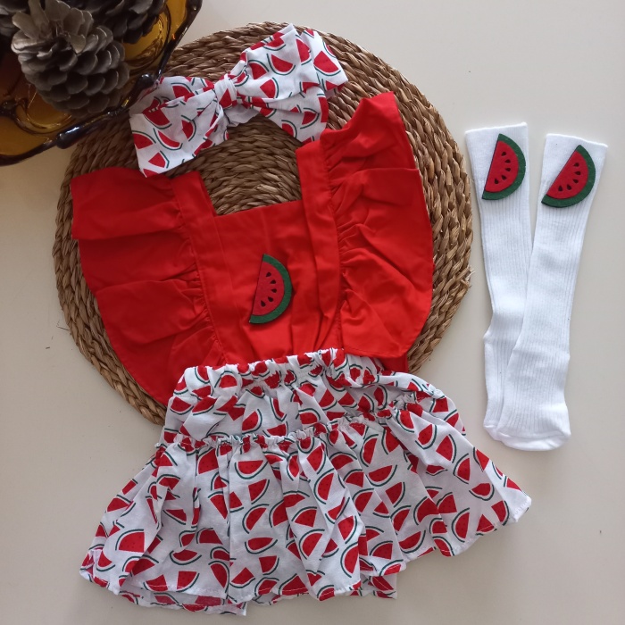 MARS BABY Kız Bebek Kırmızı Karpuz Desenli Fırfırlı Salopet Bandana Beyaz Çorap Takım