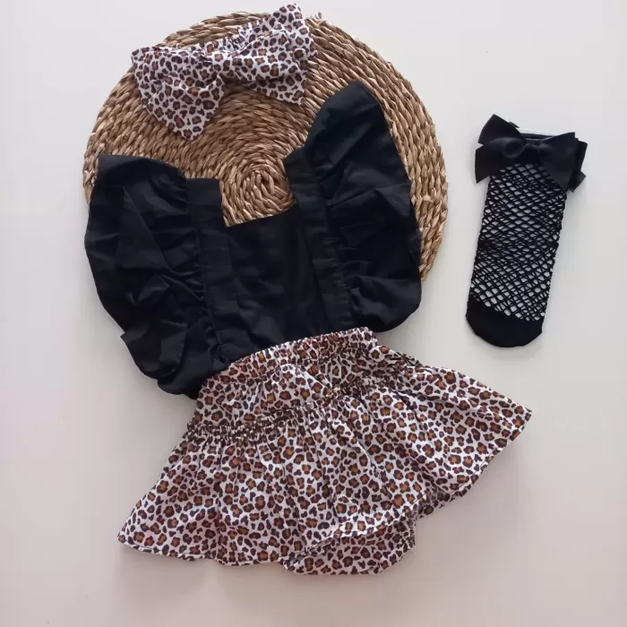 MARS BABY Kız Bebek Leopar Desenli Fırfırlı Salopet Bandana Siyah File Çorap Takım