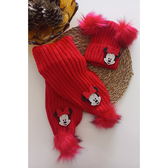 MARS BABY Kız Erkek Unisex Bebek Çocuk Kırmızı Mickey Minnie Mouse Figürlü Ponponlu Atkı Bere Takımı