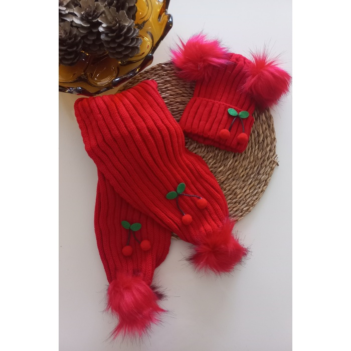 MARS BABY Kız Erkek Unisex Bebek Çocuk Kırmızı Ponpon Kiraz Figürlü Ponponlu Atkı Bere Takımı