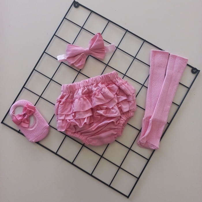 MARS BABY Kız Bebek Pembe Fırfır Şort Etek Bandana ve Çorap Seti