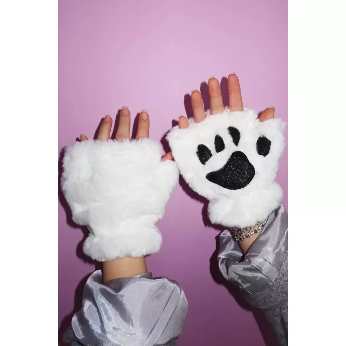 Mars Baby Parmaksız Patili Beyaz Peluş Eldiven
