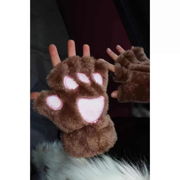 Mars Baby Kadın Kız Parmaksız Patili Kahverengi Peluş Eldiven