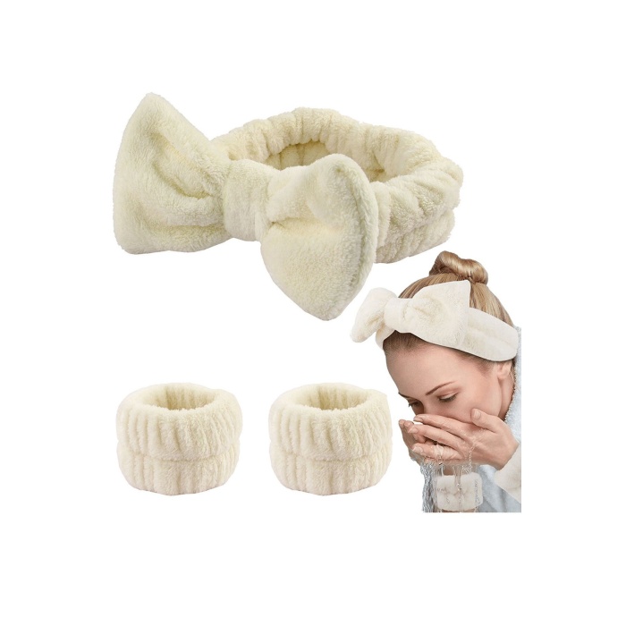 Mars Baby Kadın Kız Peluş Fiyonklu Bileklikli Saç Makyaj Spa Bandı Krem