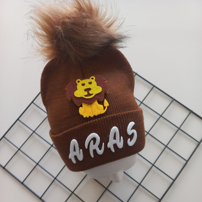 MARS BABY Erkek Bebek Çocuk Kişiye Özel İsimli Kahverengi Tek Ponponlu Triko Bere
