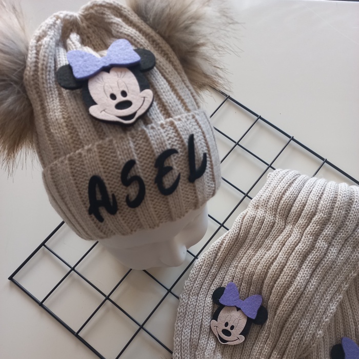 MARS BABY Bebek Kız Çocuk İsimli Bej Lila Minnie Çift Ponponlu Atkı Bere Takımı