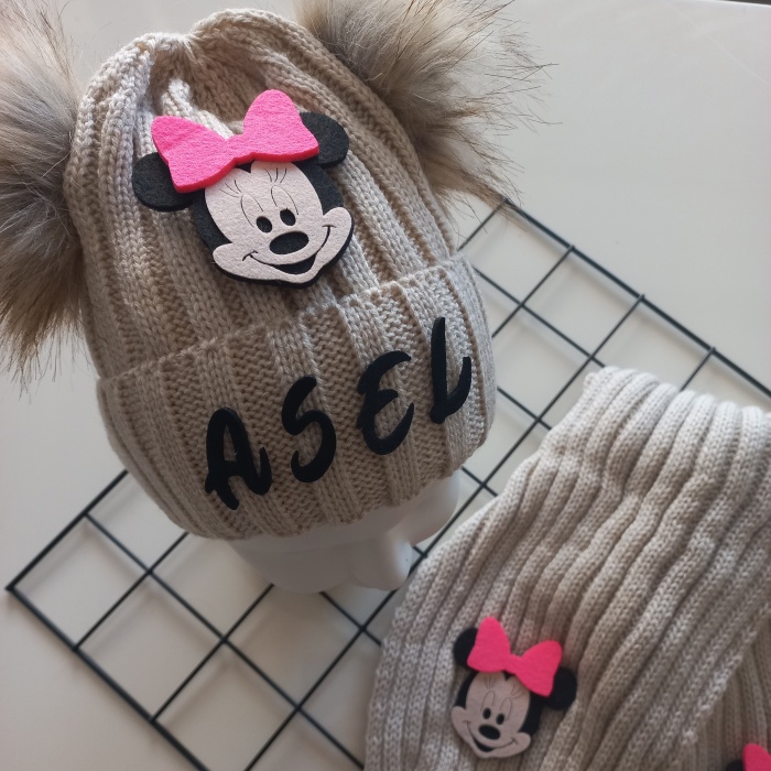 MARS BABY Bebek Kız Çocuk İsimli Bej Fuşya Minnie Çift Ponponlu Atkı Bere Takımı