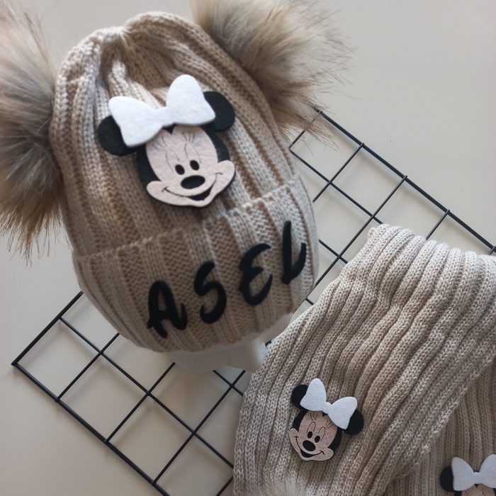 MARS BABY Bebek Kız Çocuk İsimli Bej Beyaz Minnie Çift Ponponlu Atkı Bere Takımı