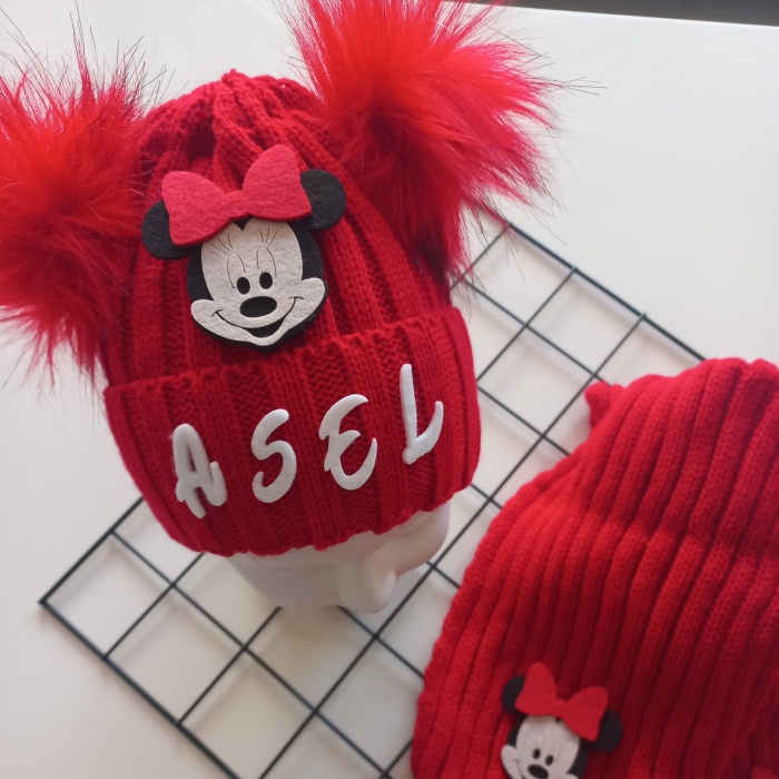 MARS BABY Bebek Kız Çocuk İsimli Kırmızı Minnie Çift Ponponlu Atkı Bere Takımı