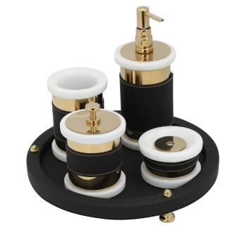 Mayaglory VOGUE Serisi Doğal Mermer Taş Deri Yuvarlak Set Siyah Gold Renk 30101