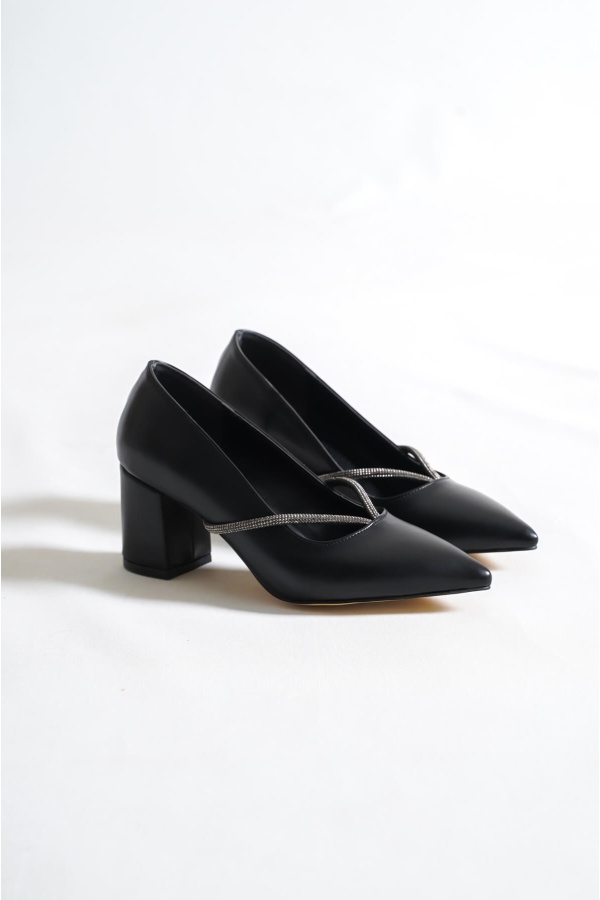 Siyah Günlük Kadın Taşlı Dekolte Topuklu Ayakkabı
