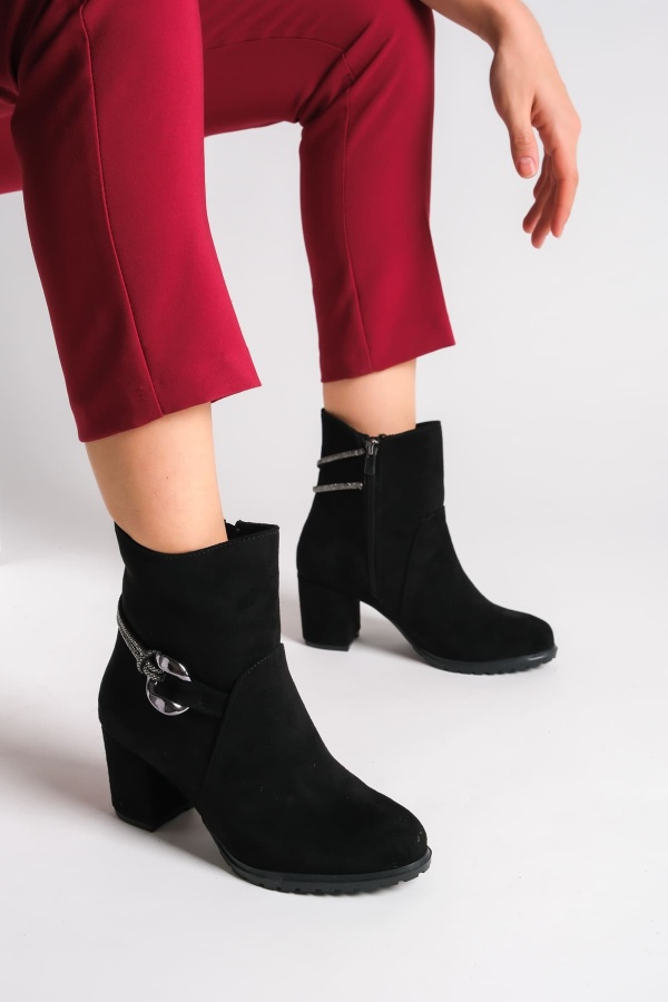 New Edna Siyah Süet Tokalı yüksek Topuklu Kadın Bot