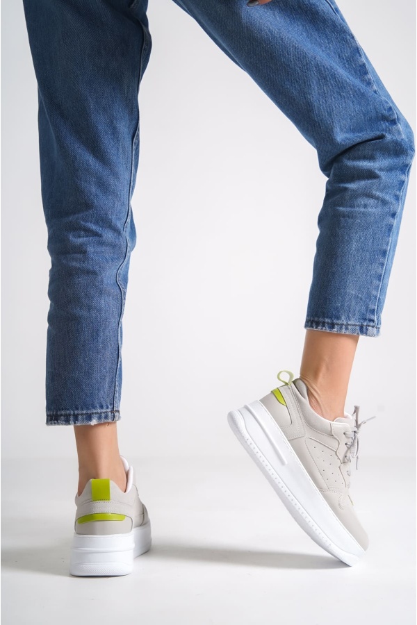 ALESSİ Bağcıklı Ortopedik Taban Kadın Sneaker Ayakkabı BT Gri/Yeşil