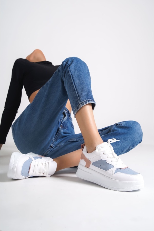 ALESSİ Bağcıklı Ortopedik Taban Kadın Sneaker Ayakkabı BT Beyaz/Mavi/Fuşya