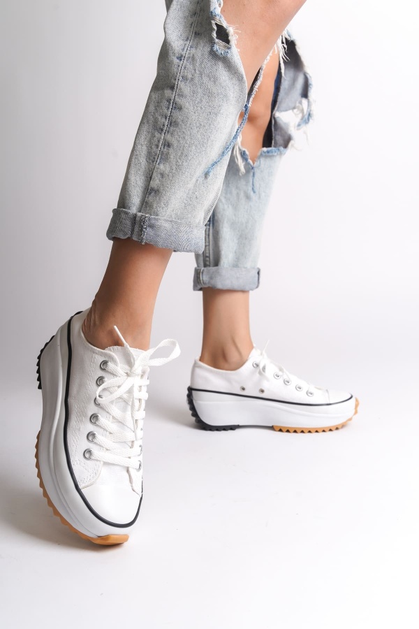 PARIS Bağcıklı Ortopedik Taban Kadın Sneaker Ayakkabı BT Beyaz