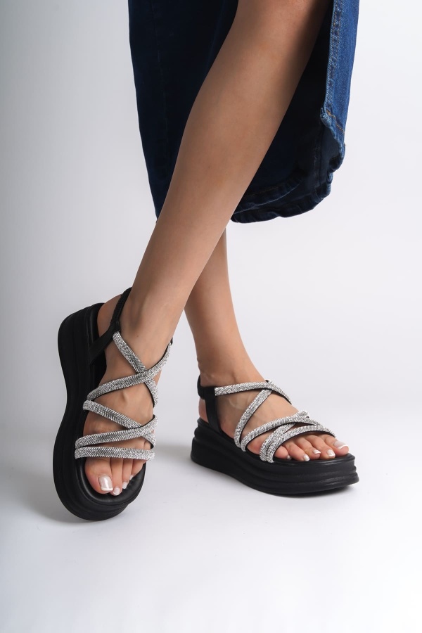 ELENA Lastikli Taşlı Şeritli Ortopedik Taban Kadın Sandalet ST Siyah