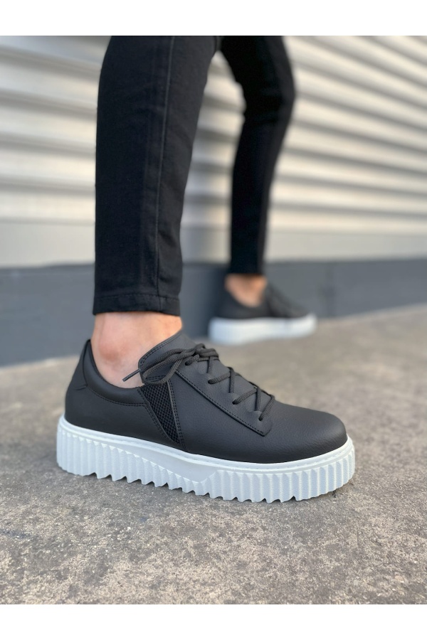 Siyah Beyaz Bold Bağcıklı Cilt Erkek Günlük Sneaker Ayakkabı