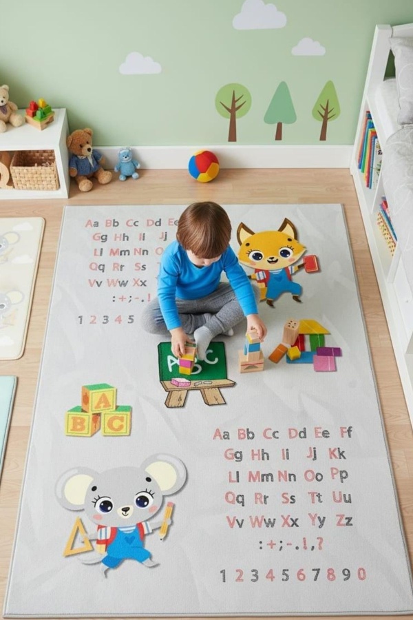 Alfabe ve Sayılar Eğitici Kaymaz Dot Taban Dijital Baskı Çocuk Halısı