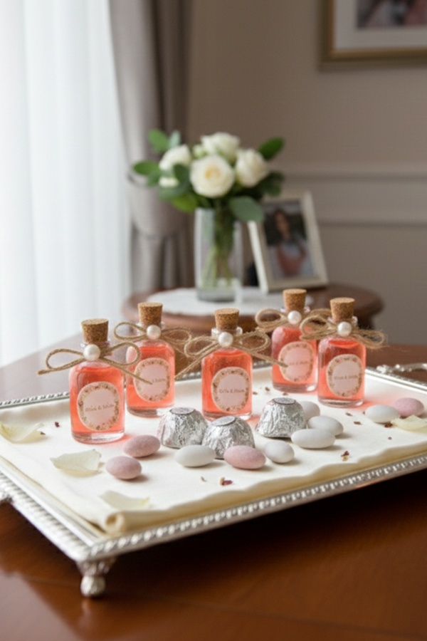 50 Adet İpli İncili Hediyelik Kolonya Şişesi, Nikah Şekeri, Bebek Şekeri - KIRMIZI