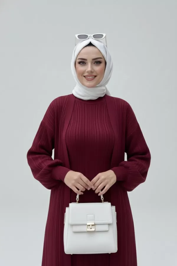 NEW Bordo Fitilli Triko İkili Takım | Balon Kollu Uzun Hırka ve Elbise Seti