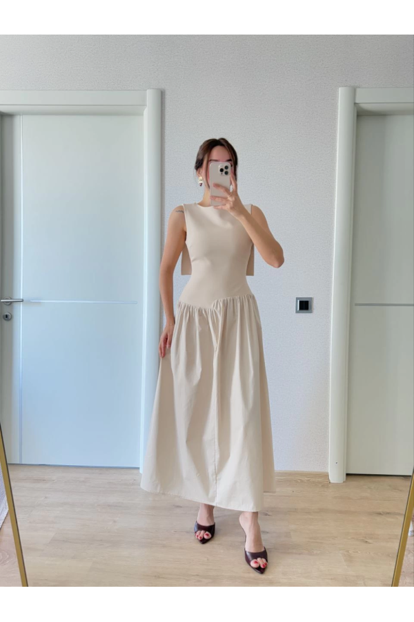 Krep Arkası Kanat Arka Ön Pens Detaylı Uzun  Kadın Elbise - Bej -