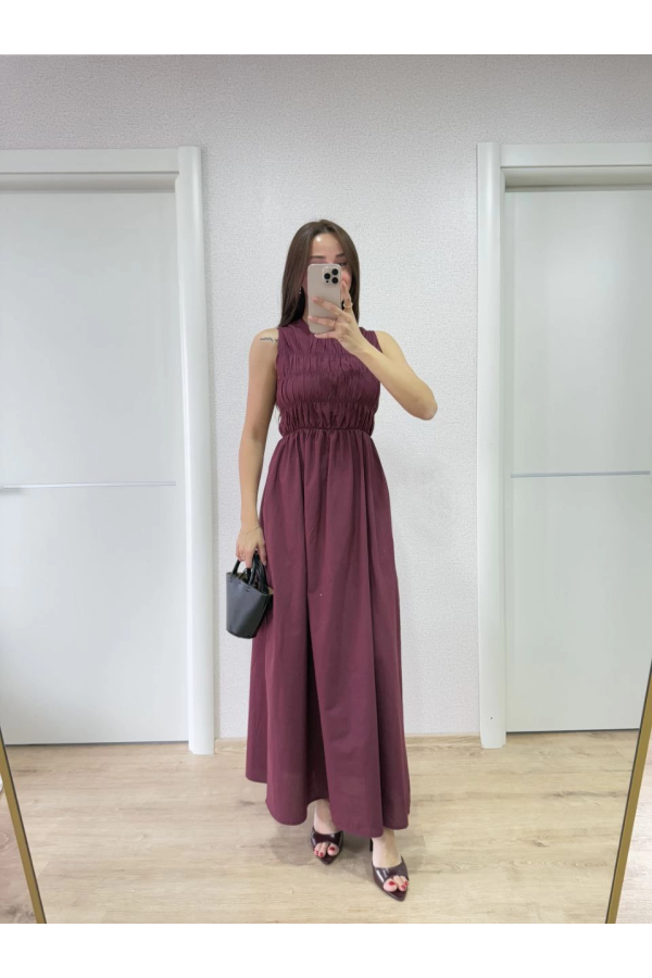 Kolsuz Göğüs Lastıklı %100 Poplin Uzun Elbise - Bordo -