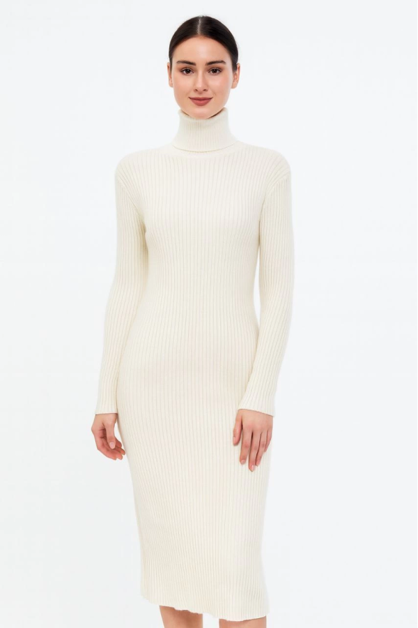 Boğazlı Triko Kadın Elbise - Beyaz -